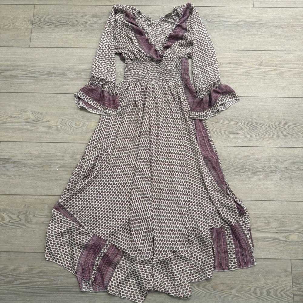 Luisa S 100% Silk Boho Floral Smocked Ruffle Midi Dress Spain Europe
